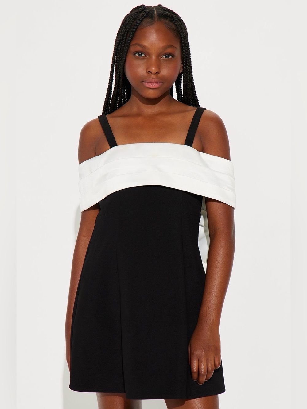Girls Off-Shoulder Black and White Dress